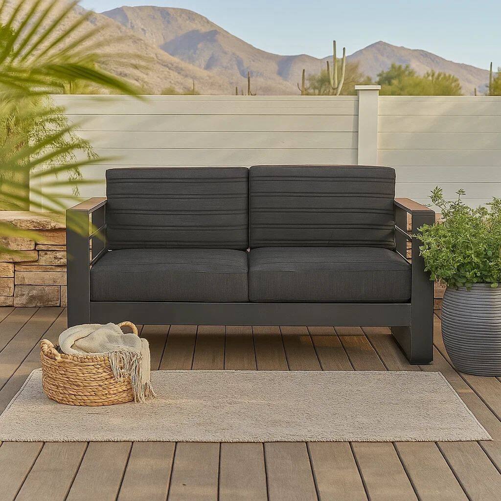 Vinia Loveseat, Outdoor Dark Gray Polyester, Wood Accents, Black, 57 Inch