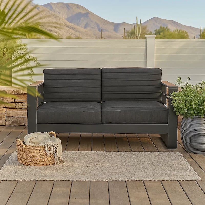 Vinia Loveseat, Outdoor Dark Gray Polyester, Wood Accents, Black, 57 Inch