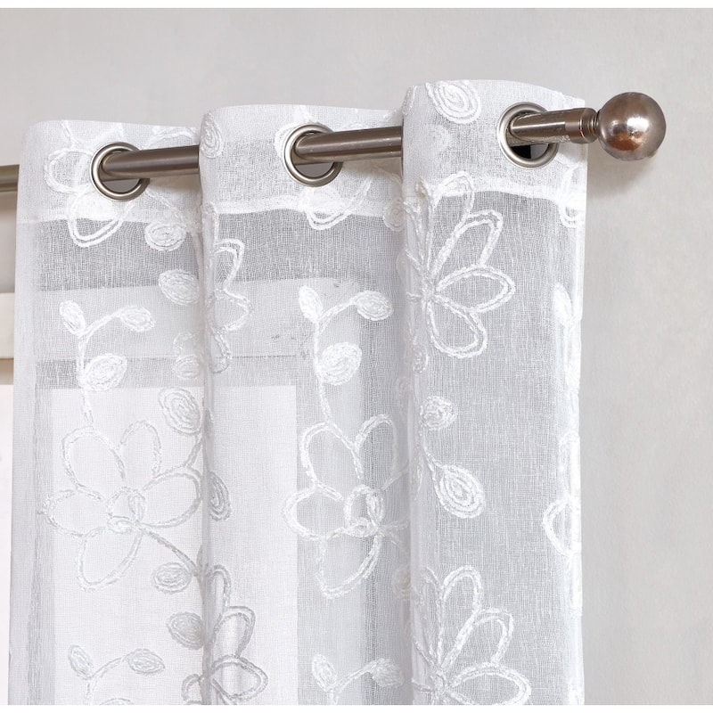 HomeRoots Set of Two 84" White Floral Embroidered Window Panels - 84" x 76"