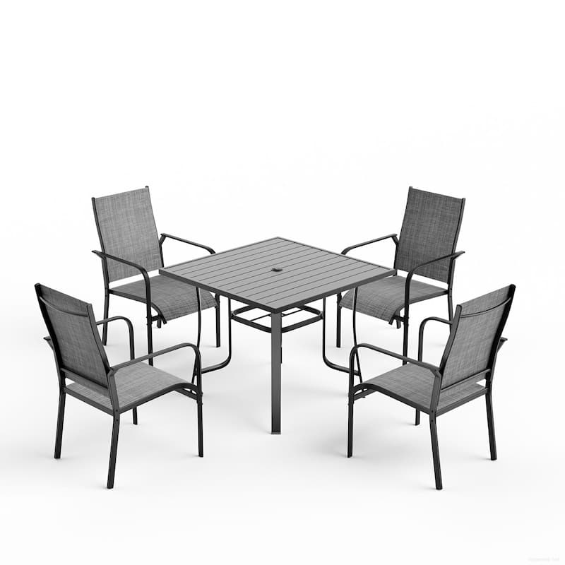 5/7/9-Piece Outdoor Patio Dining Set with Stackable Textilene Chairs and Slatted Table, Furniture with Adjustable Umbrella Hole