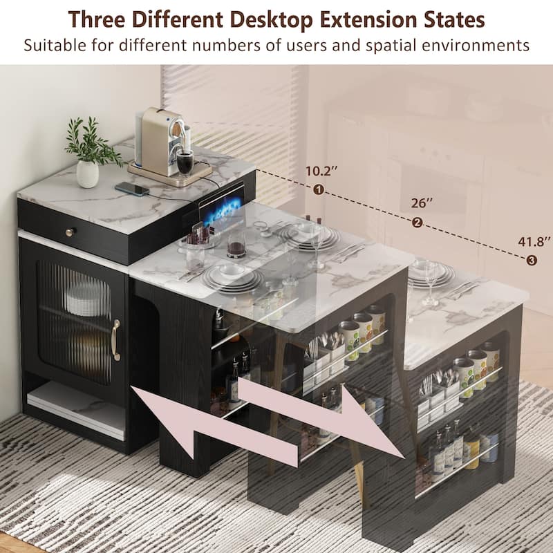 59.5" Kitchen Island with Extendable Dining Table Double-sided Storage and Built-in Power Outlet for Kitchen, Dining Room