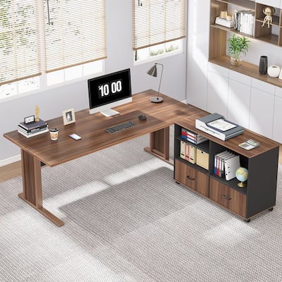 63" L Shaped Executive Computer Desk with Mobile File Storage Cabinet for Home Office Study