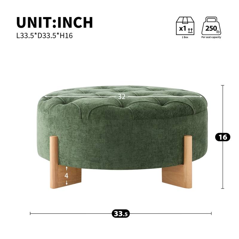 32" Round Tufted Ottoman with Solid Wood Legs by Harper&Bright Designs
