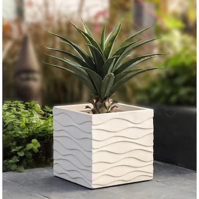 White Waves Square MgO Planter, Indoor & Outdoor - 13.98" H x 14.17" W x 14.17" D