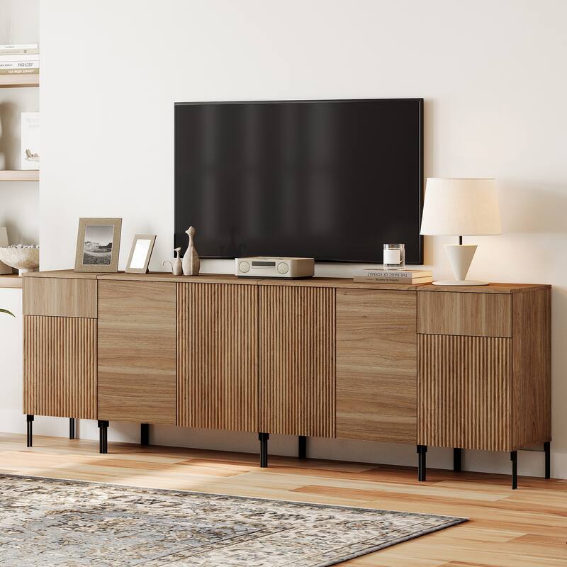 94.5" Modern Reeded Dresser TV Stand For Tvs Up To 100 Inch, Entertainment Center With Charging Station