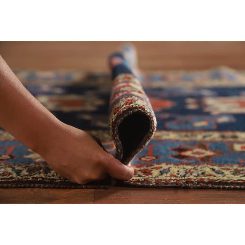 Hand Knotted Oriental 100% Wool Carpet Traditional Floral Navy Blue & Blues Heriz Runner Rug - 14' 9'' X 3' 9''