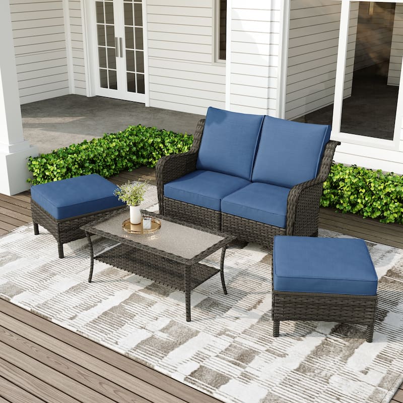 Outdoor Patio Rattan Sectional Sofa Set With Ottoman