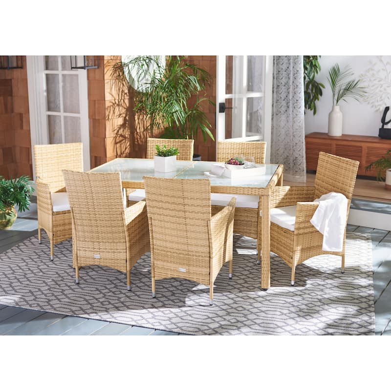 SAFAVIEH Outdoor Snezhana 7-Piece Wicker Dining Set - 59Wx35Dx29H - Natural/White Cushion