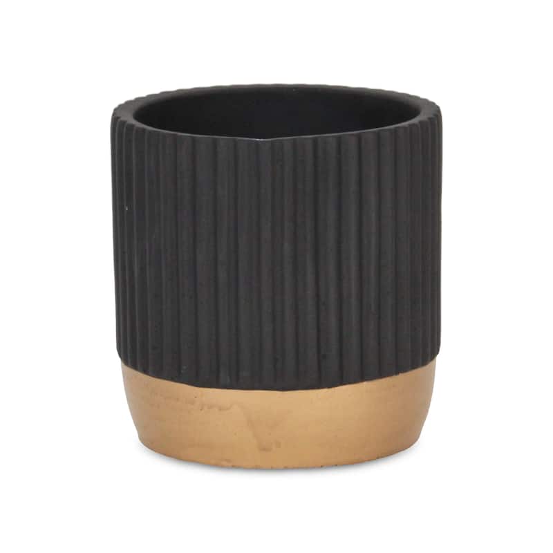 Aurone Round Ridged Ceramic Pot with Gold Finished Base - Black - Large