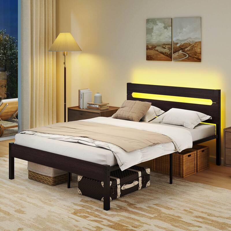 Costway Full Size Bed Frame with Built-in Charging Station Sturdy