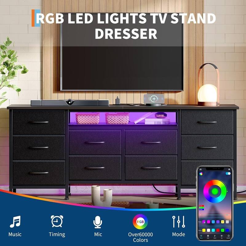 63 Inch Long Dresser TV Stand with 10 Fabric Drawers for 65-75 Inch TVs