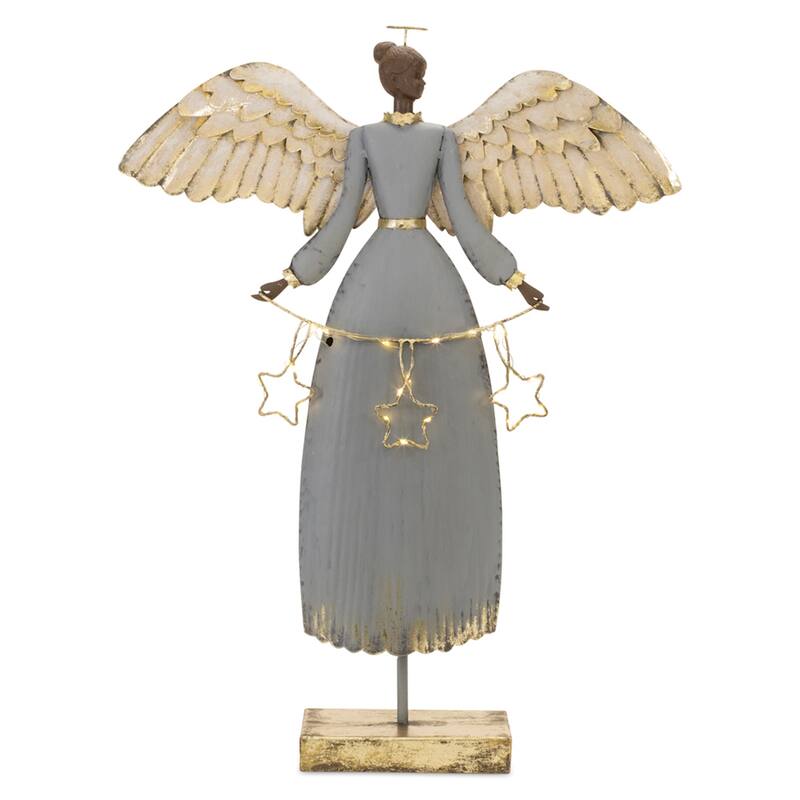 21” Tall Iron Angel Figurine in Blue and Gold with LED Accent Light for Indoor Holiday Decor - 16.25”L x 4”W x 21”H