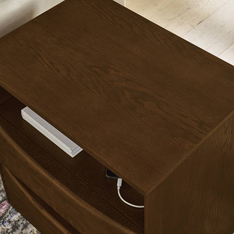 Mid Century Modern Nightstand with Charging Station & Outlet Hole & 2 Solid Wood Drawers, Louver Design Farmhouse End Table