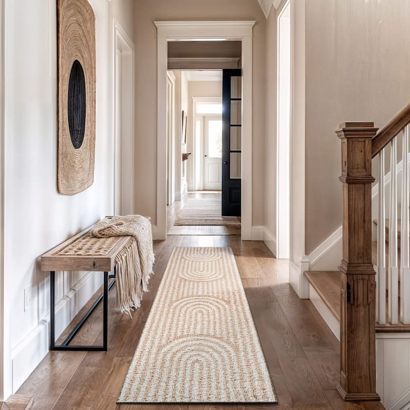 Abstract Arch Shag Rug - Medium Pile, Durable & Easy to Clean - Anthracite Dark Gray - Beige - 2' 3" x 8'