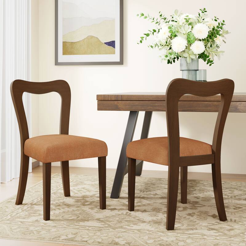 Dining Chairs Set of 2, Fabric Upholstered Dining Room Chairs Kitchen Side Chairs with Padded Seat and Open Back - Caramel,Walnut