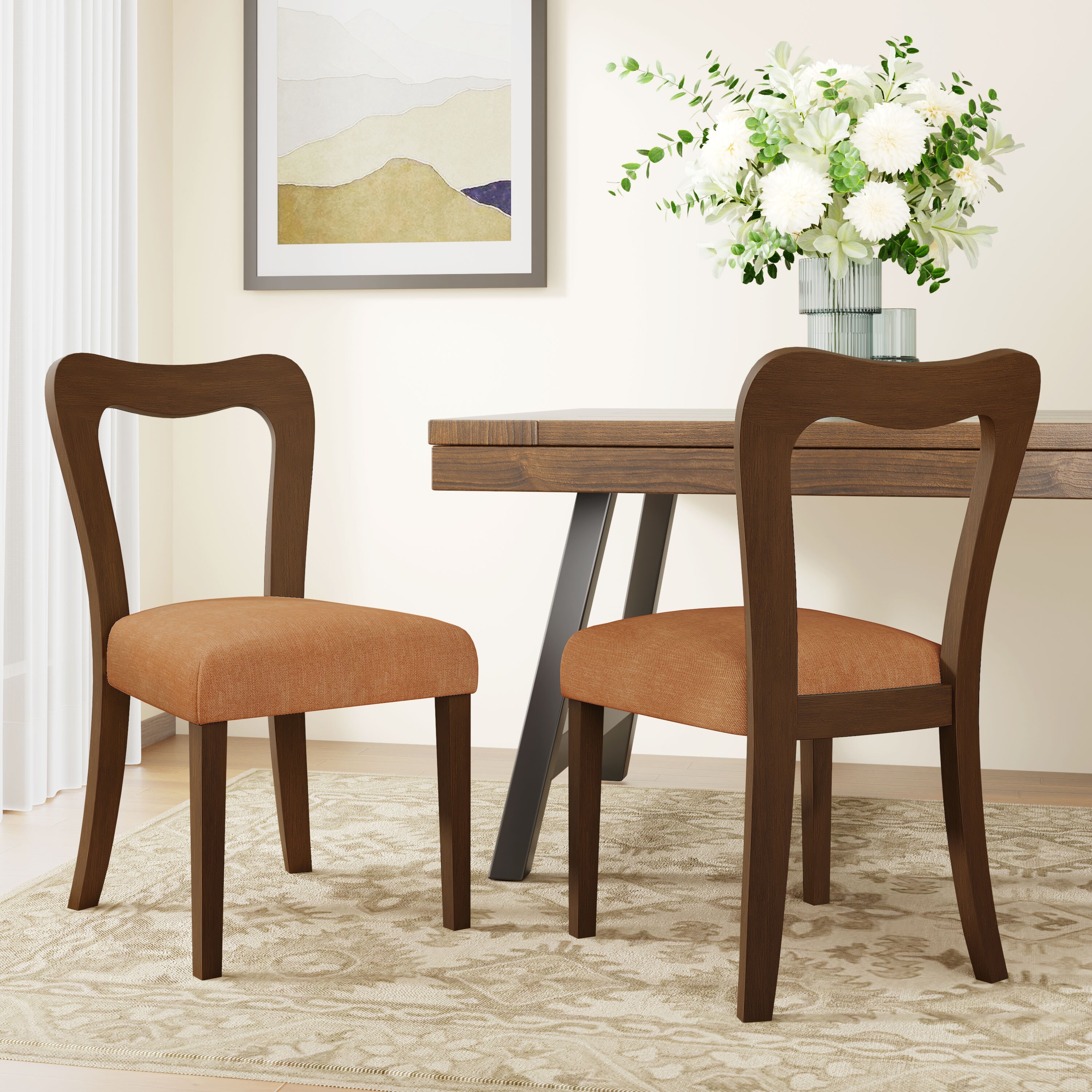 Solid Wood Dining Chairs Set of 2 Upholstered Fabric Side Chairs with Open Backrest