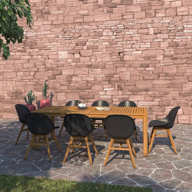 Amazonia Hawaii 9 piece FSC Certified Wood Outdoor Patio Dining Set - 9pc - Light Finish Wood and Black Chairs