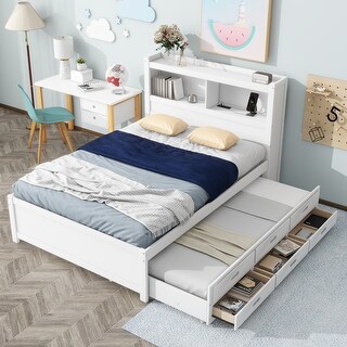 Full Size Platform Bed with Trundle and Underneath Drawers, Wooden Bed Frame with Storage Headboard and USB Plugs