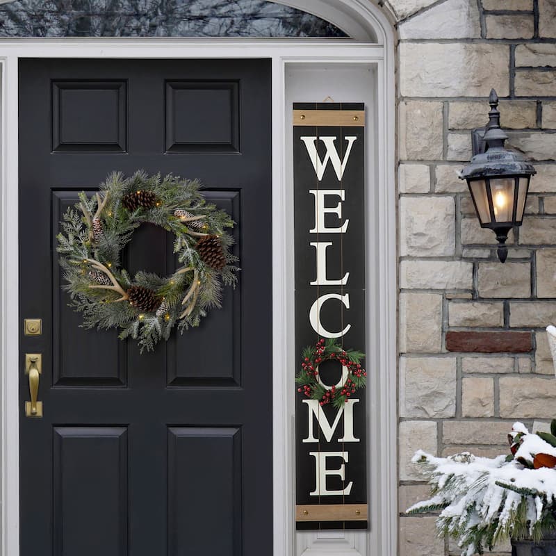 Glitzhome 60"H Wooden Welcome Porch Sign with 4 Floral Wreaths for Christmas Decoration