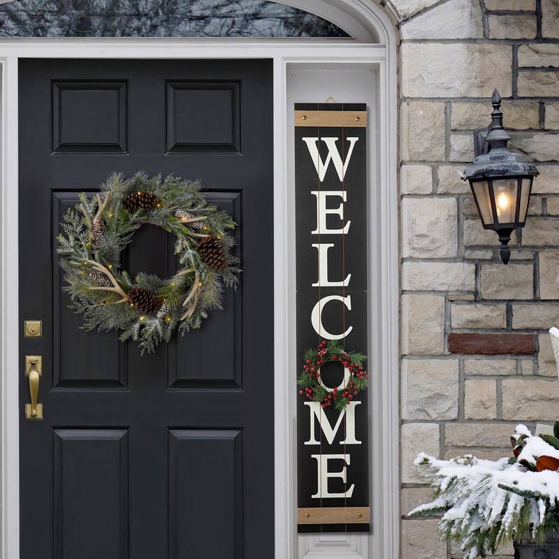Glitzhome 60"H Wooden Welcome Porch Sign with 4 Floral Wreaths for New Year Decoration