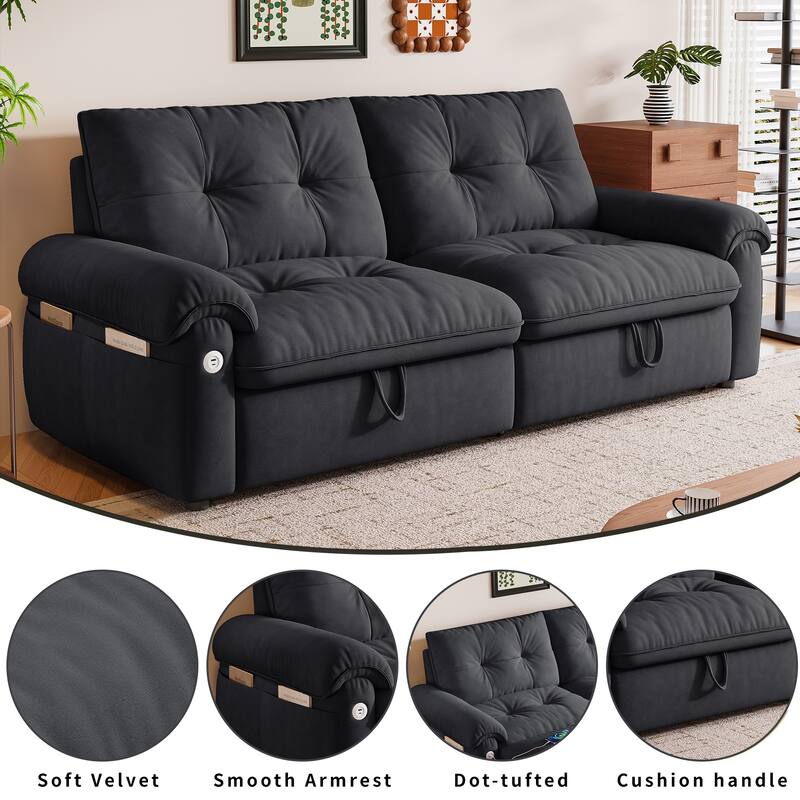 2-in-1 Velvet Pull Out Sleeper Sofa Bed Convertible Loveseat Couch for Sitting, Napping or Sleeping with Side Pockets and USB
