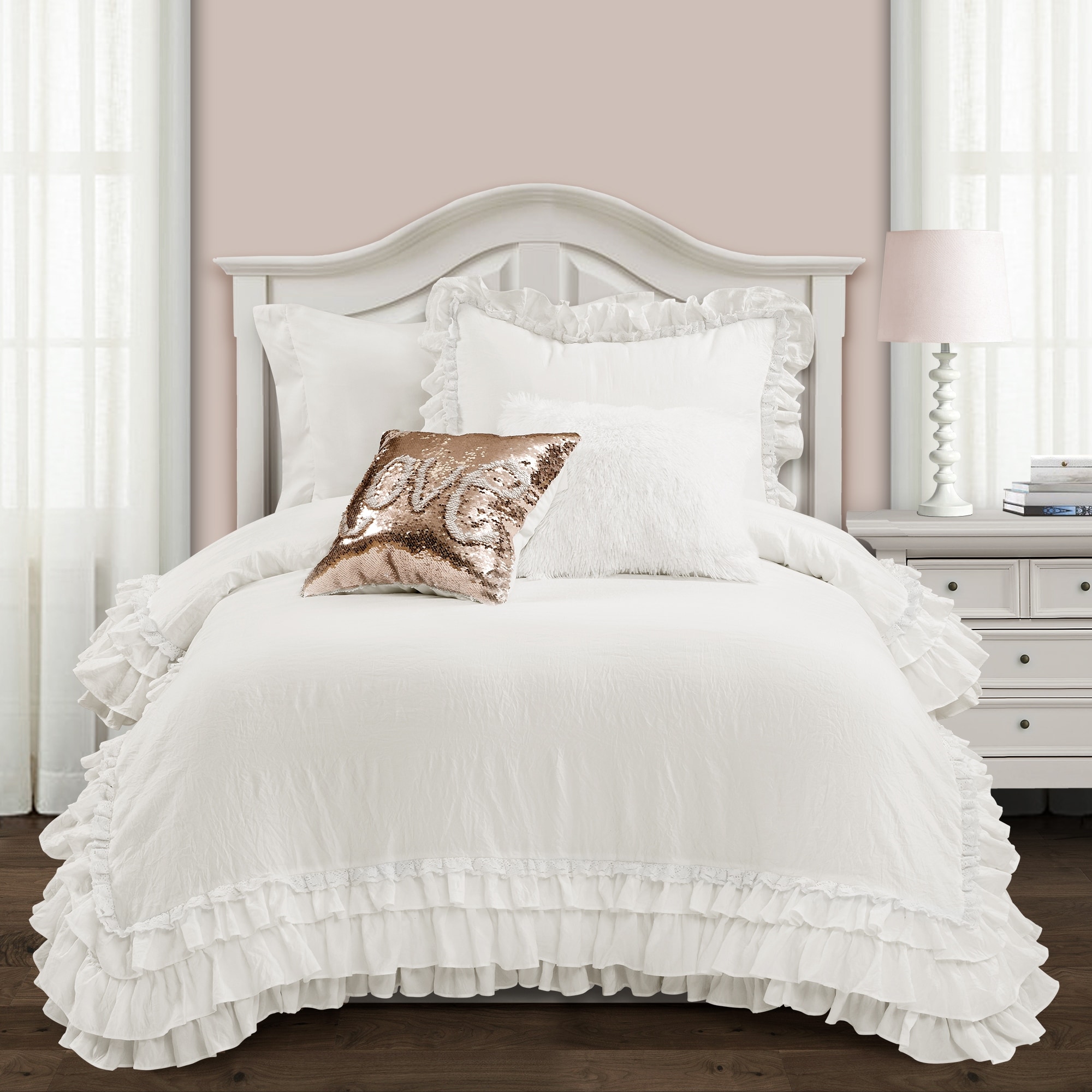 HIG 3 Piece Lace Ruffled Shabby Chic French Pastoral Style Comforter Set-Ivory 