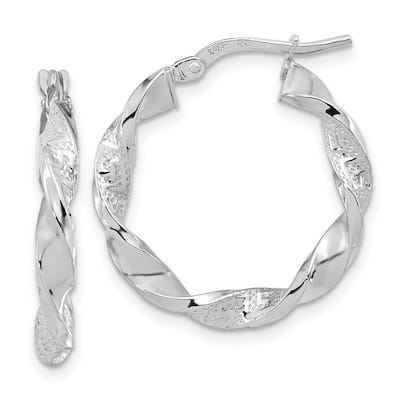 Curata 14k White Gold Polished and Textured 22.2x3mm Twisted Hoop Earrings