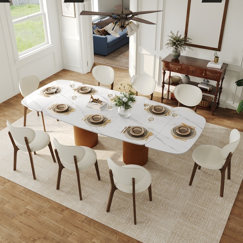 Minimalist Extendable White Sintered Stone Dining Table, 63"-94.5" Double Pedestal Table for 4-10 People