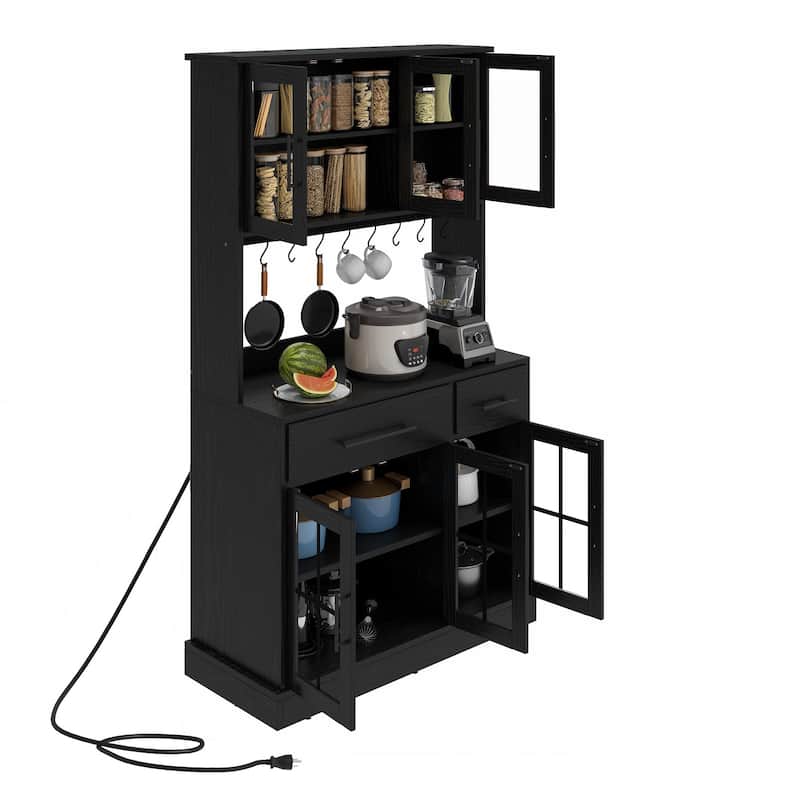 Moasis 71" Tall Pantry Storage Cabinet with Power Strip, Hooks, 2 Drawers, Microwave Stand, Kitchen Organizer