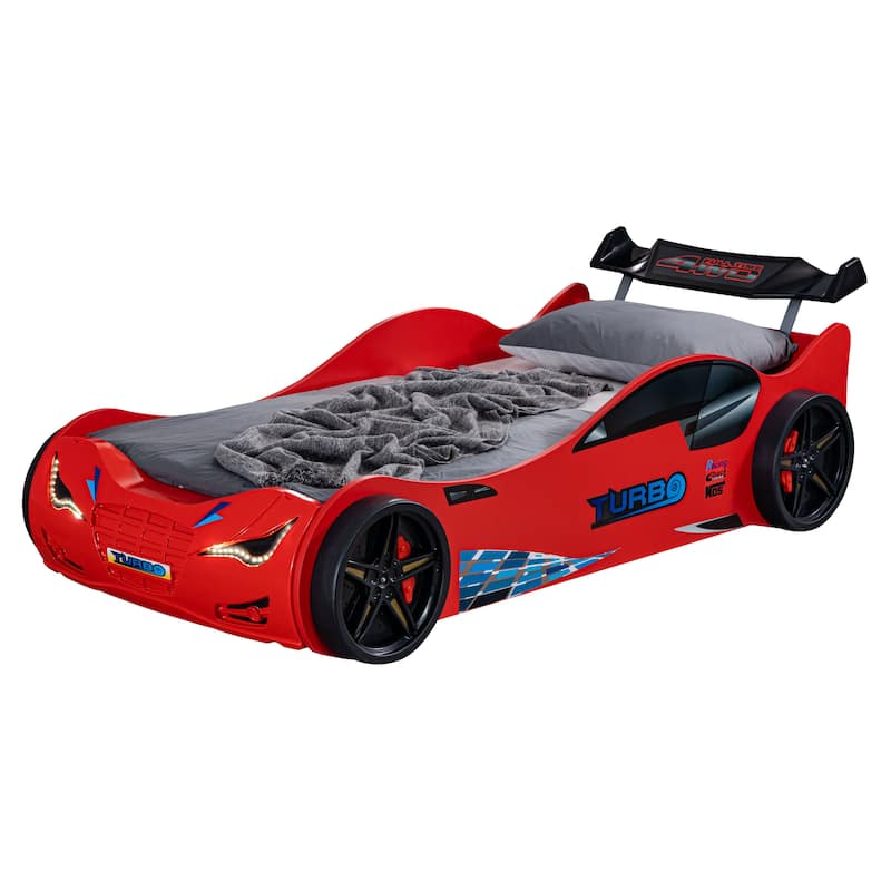 Furniture of America Rilven Modern Red Twin Race Car-Shaped Platform Bed with LED Headlights