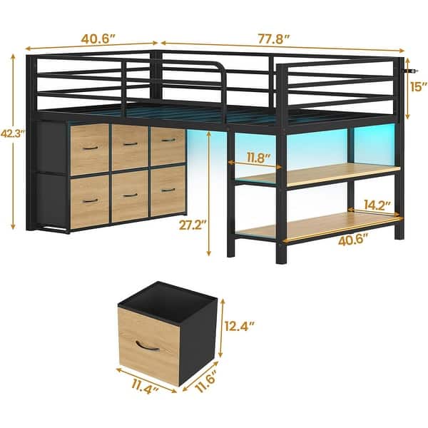 dimension image slide 1 of 10, Twin Size Low Loft Bed 6 Fabric Storage Drawers LED Lights Twin Over Twin Bunk Bed