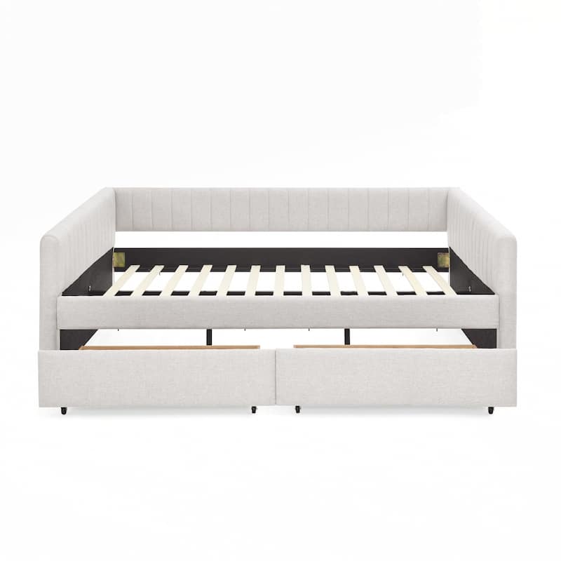 Vertical Stripes Linen Fabric Upholstered Sofa Bed with Two Drawers