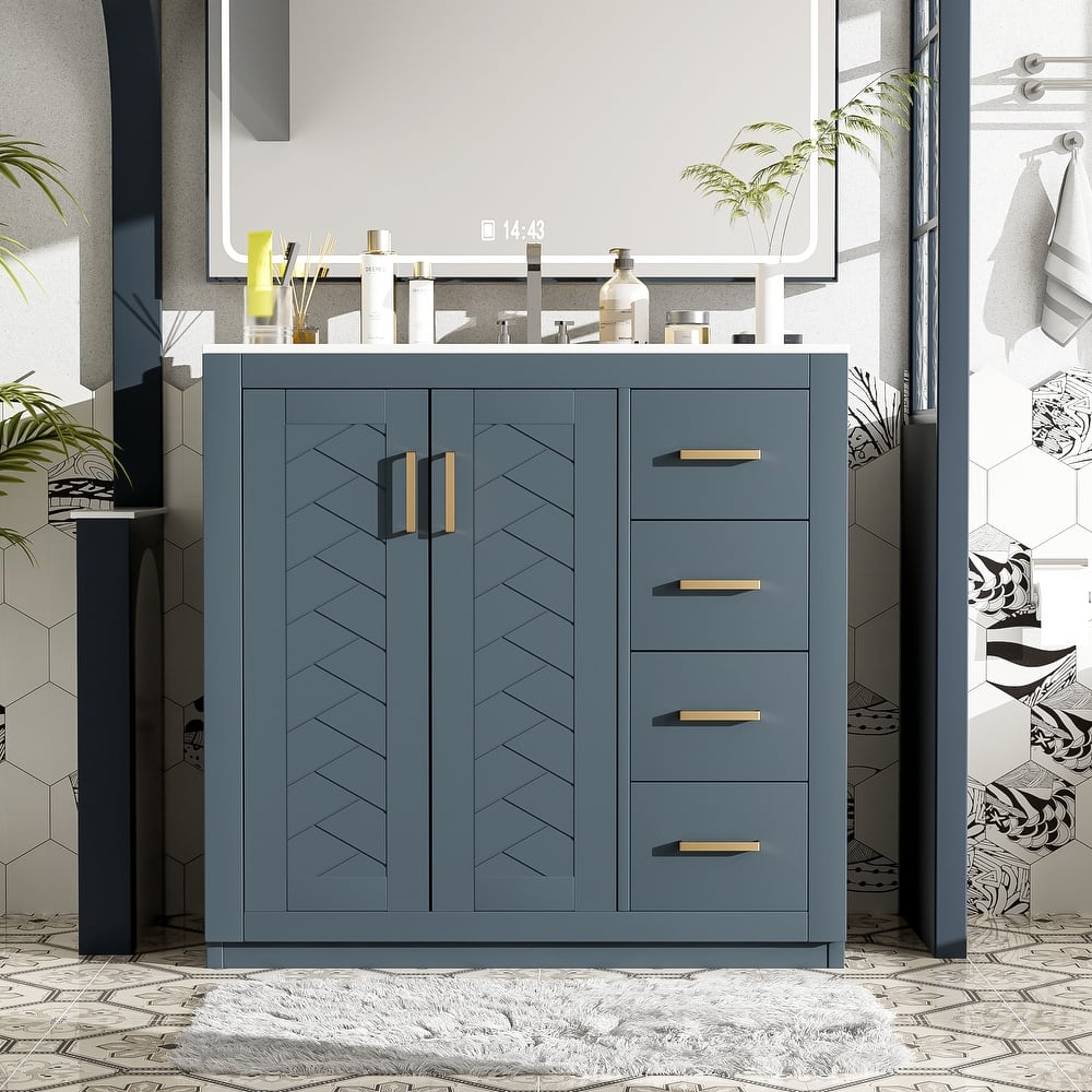 Freestanding Geometric Pattern Bathroom Vanity Solid Wood Frame Storage Cabinet with Sink, 3 Drawers and Soft Closing Doors