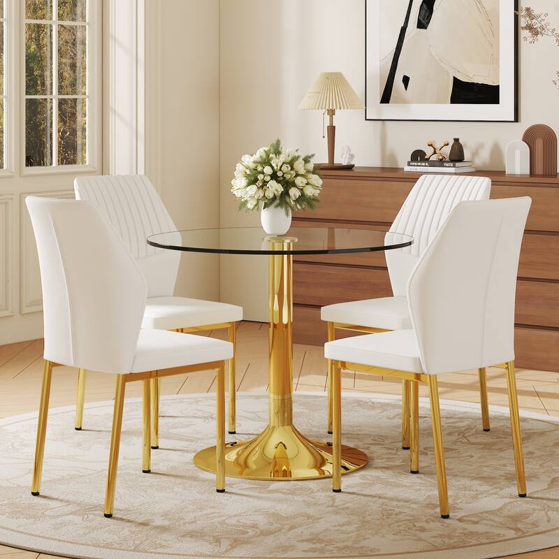 Modern 5-Piece Round Dining Table Set, Compact Dining Table & Chair Set for 4 with 35" Glass Table and 4 Upholstered Chairs