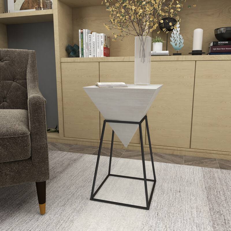 Minimalist Wood Inverted Pyramid Geometric Accent Table with Metal Stand - White or Black