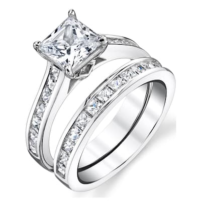 Sterling Silver Princess Cut Engagement Ring Bridal Set CZ