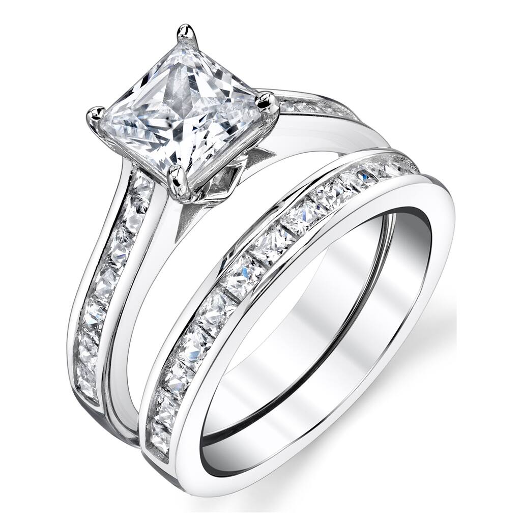 Sterling Silver Princess Cut Engagement Ring Bridal Set CZ
