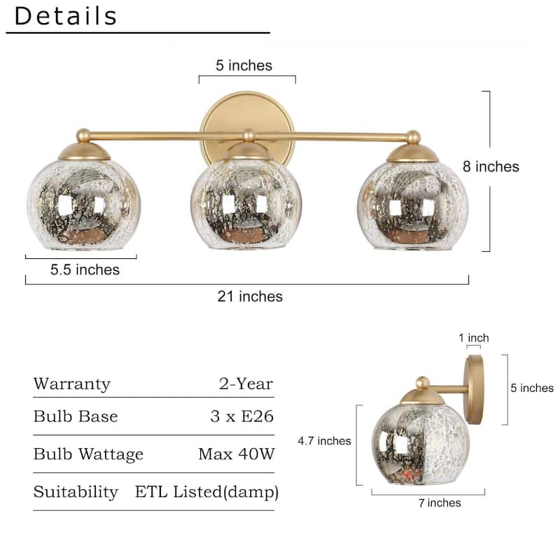 Mid-Century Modern Glam Gold Bathroom Vanity Light 3-Light Wall Lamp with Mercury Glass - 21" L x 7" W x 8" H