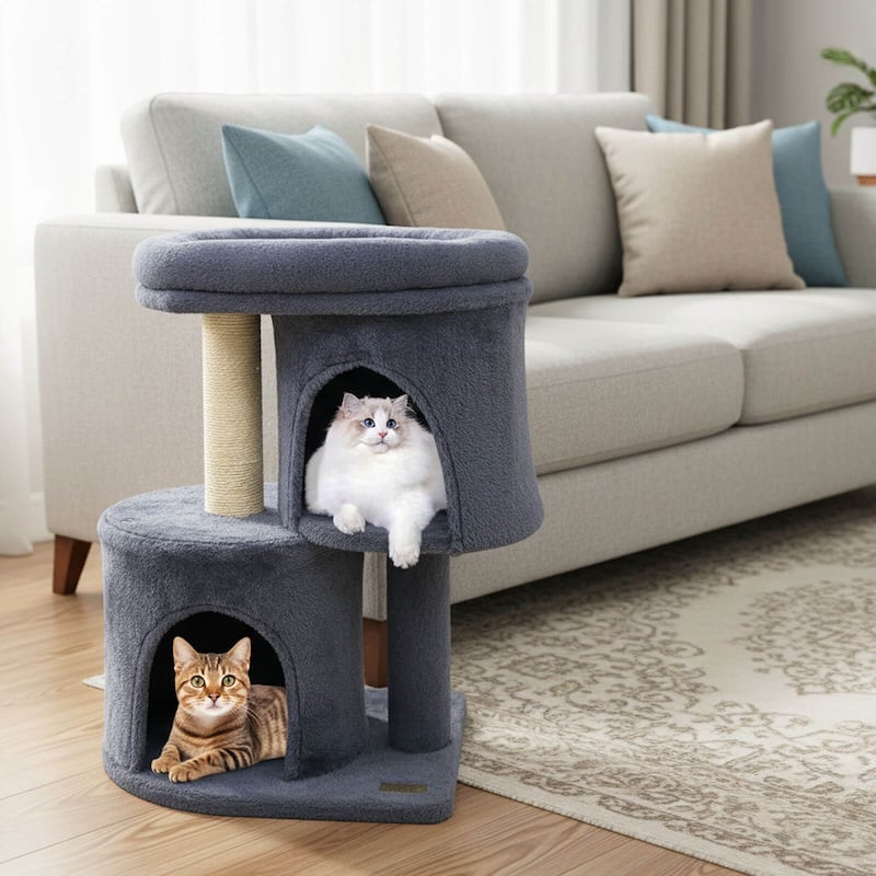 Costway 26” Small Cat Tree with Large Padded Plush Perch, 2 Condos, - See Details