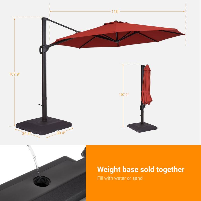 LIVOOSUN Outdoor Cantilever Offset Patio 11Ft Aluminum Umbrella w/Base