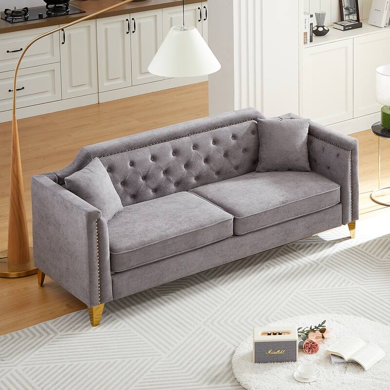 81" 3-Seat Buttons Tufted Nailheads Couch with Pillows