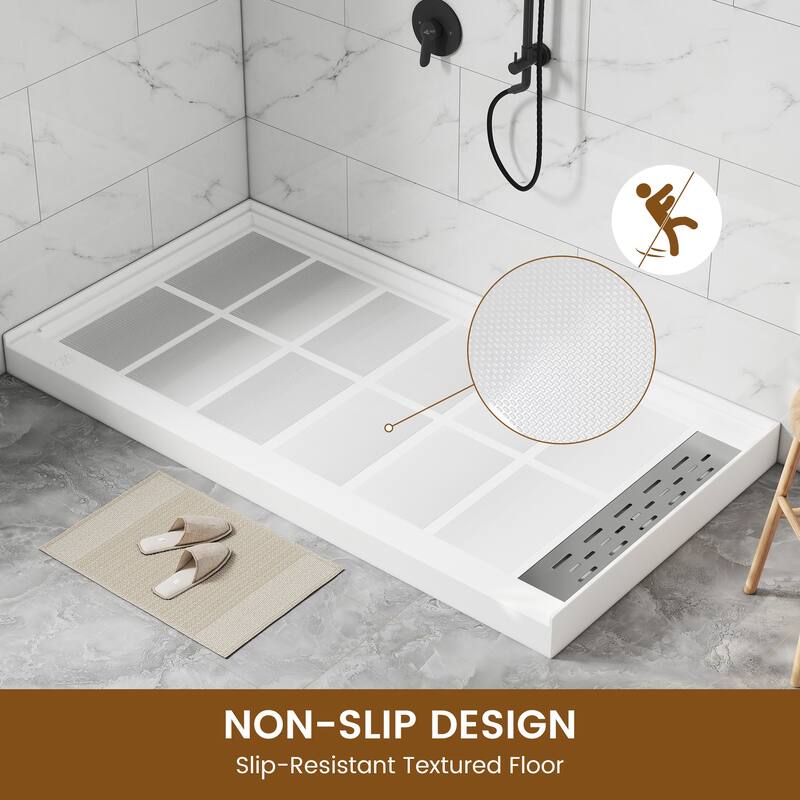 60 in. x 32 in. Elegant White Single Threshold Anti-slip SMC Rectangular Shower Base with Drain and Stainless Steel Drain Cover