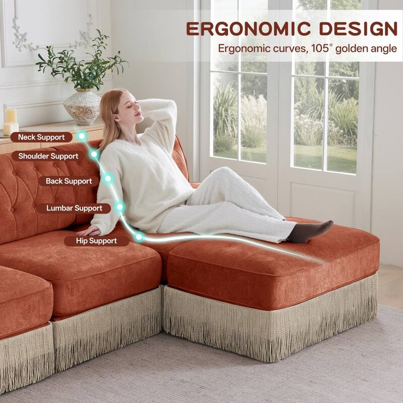 106" Velvet Sectional Sofa with Tassel Skirt Design and Ottoman