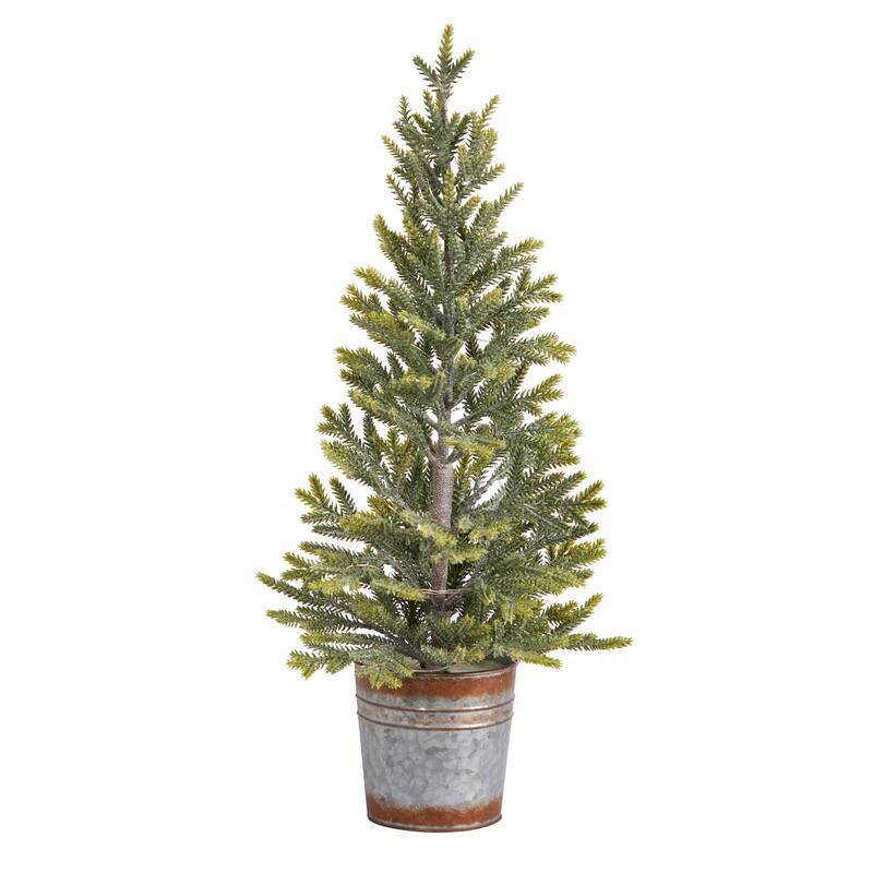 26in Christmas Tree with Lights - Small Prelit Holiday Tree in Metal Planter - Festive Home Decor - Green - 26