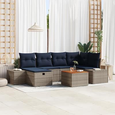 vidaXL 7 Garden Sofa Set with Cushions Black/Grey Poly Rattan - 103.9 x 60.6 x 27.2