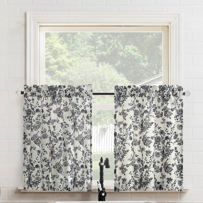 No. 918 Elara 2-pack Tonal Botanical Semi-Sheer Rod Pocket 2-Piece Kitchen Curtain Tier Pair - 54" x 24" - Black