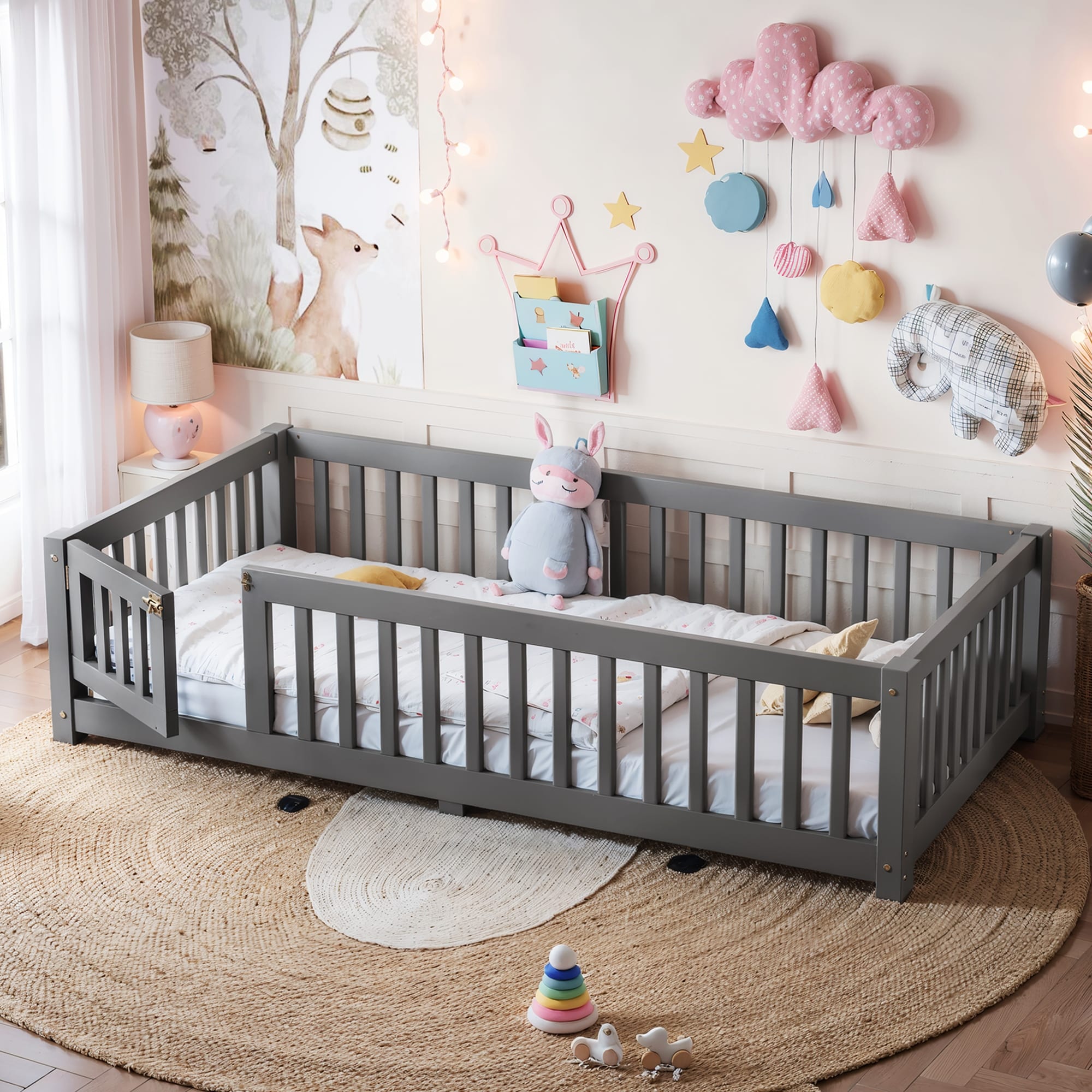 Twin Size Bed Floor Bed with Safety Guardrails and Door for Kids