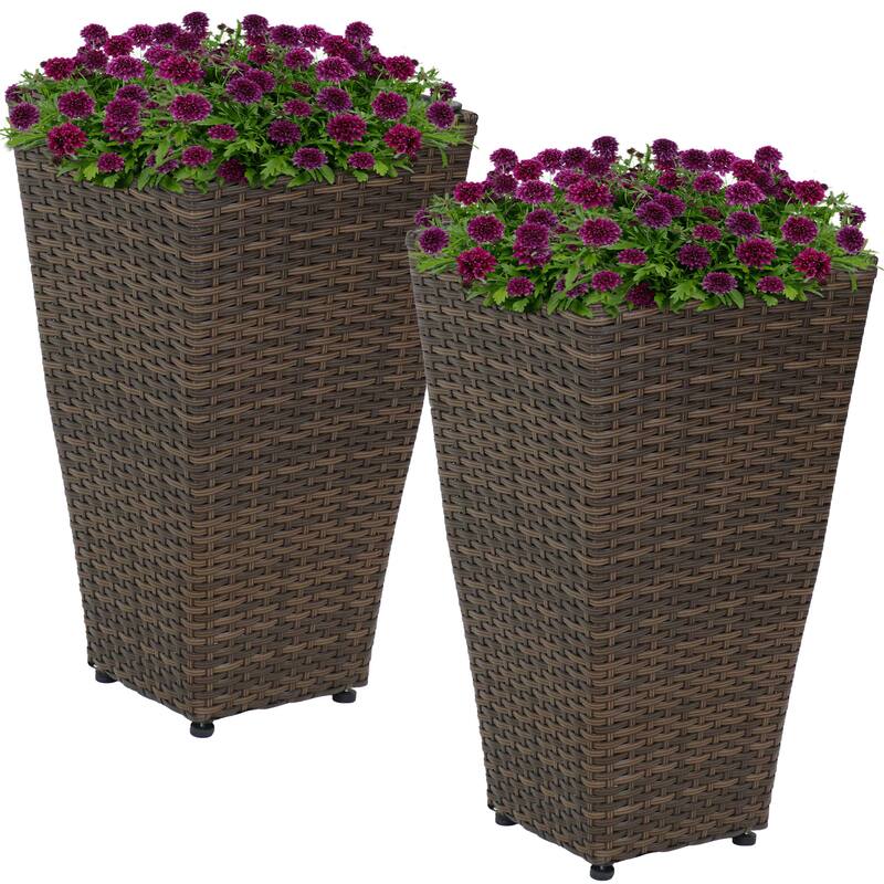 Sunnydaze Tall Square Brown Polyrattan Planter - 20-Inch - Set of 2 - 20-Inch Tall
