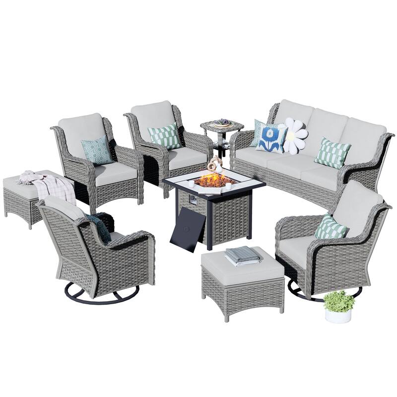 OVIOS 9-piece Patio Wicker Swivel Chair Set With 30" Fire Pit