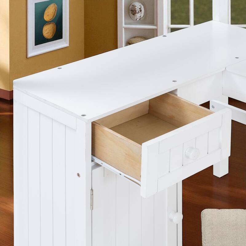 Twin Size Wooden Loft Bed with Desk, Drawers, Cabinet and Shelves, Space-Saving Workstation for Kids and Teens
